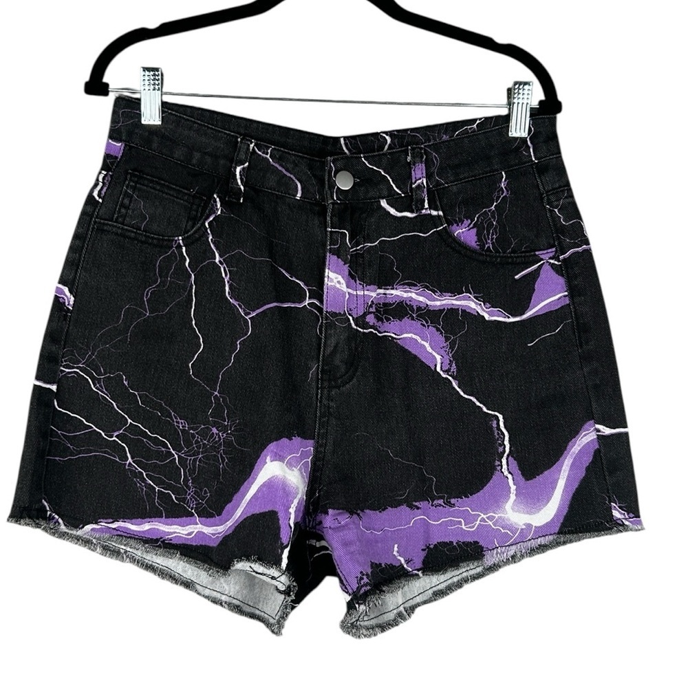 SHEIN Black Purple & White 80's Lighting Print High Waist Jean Shorts Size Large